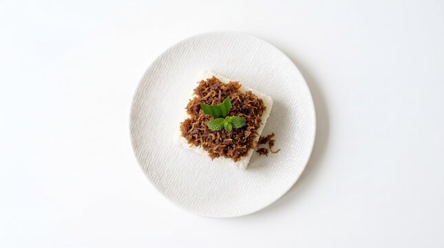 Top view of traditional Indonesian ketan unti kelapa, square glutinous sticky rice topped with sweet palm sugar coconut isolated on white background.