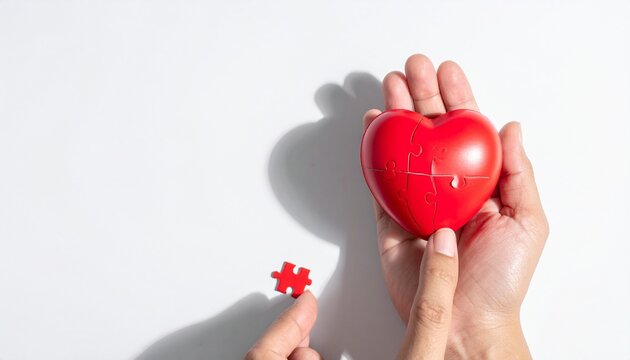 Two hands holding red heart puzzle with missing piece, World Heart Day poster.