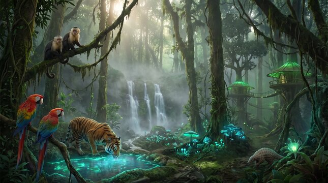 Mystical Jungle Scene: A vibrant and enchanting jungle teeming with life, featuring a tiger drinking from a glowing pool, colorful macaws perched on a branch, monkeys observing from above.