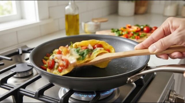 Cook folding an omelet in a frying pan on a stove. Person preparing a healthy breakfast with vegetables. Culinary process of making food in a home kitchen.