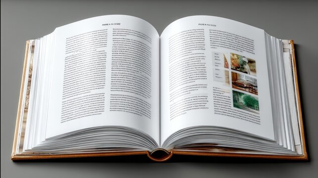 Open book on a gray surface; detailed pages with text and images, offering a glimpse inside