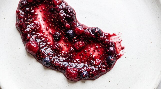 Fresh homemade berry jam swipe on white surface. Glossy red fruit preserve spread with vibrant texture and natural shine.