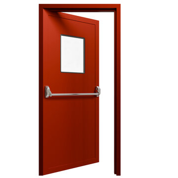 A bright red metal emergency fire exit door standing slightly