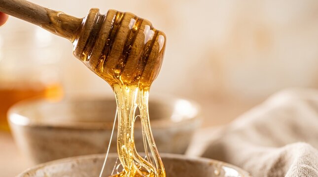 Golden honey dripping from wooden spoon in slow motion. Thick amber nectar pouring for food styling and culinary photography.