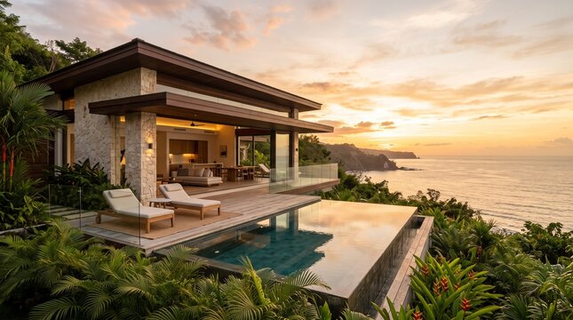 Luxury tropical villa with infinity pool overlooking ocean sunset. Modern beachfront home featuring panoramic sea views and outdoor living space.