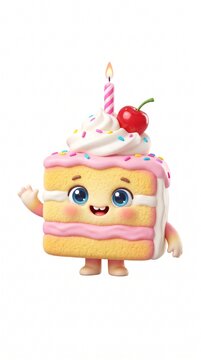 Cute cake mascot character with cherry topping celebrating dessert. Playful food illustration for branding, kids apps, and bakery promotions.