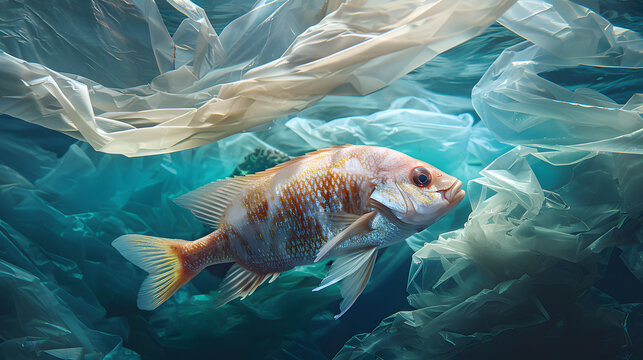 Environmental impact, Fish swimming through plastic waste ocean pollution concept highlighting environmental impact and conservation