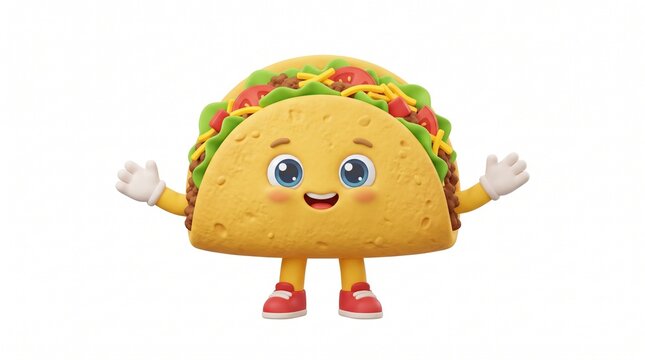 Happy taco mascot character celebrating with raised arms. Friendly fast food cartoon icon waving in joyful greeting.