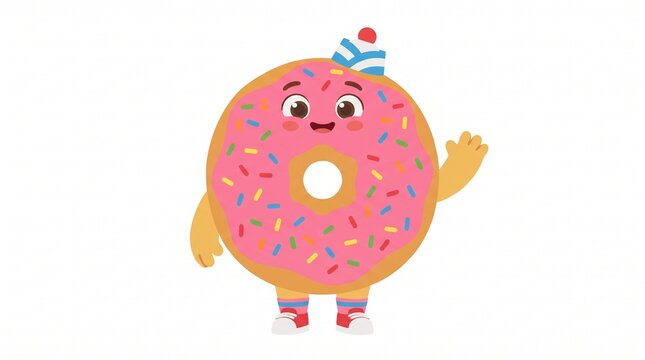 Cute cartoon donut mascot waving hand. Playful bakery character with sprinkles and icing for branding and marketing.