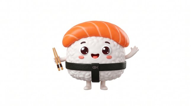 3D cartoon sushi mascot character smiling and waving. Cute food brand mascot design for marketing and advertising campaigns.