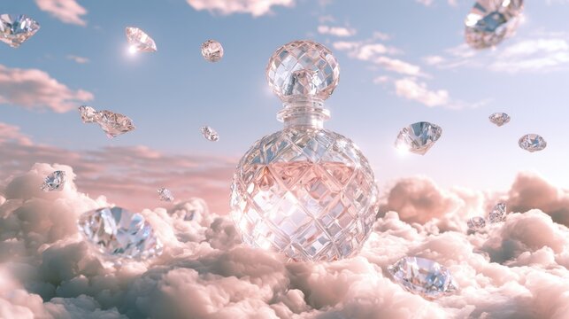 Transparent glass perfume bottle with faceted crystal top surrounded by large floating diamond shapes against soft pink and blue cloudy sky background