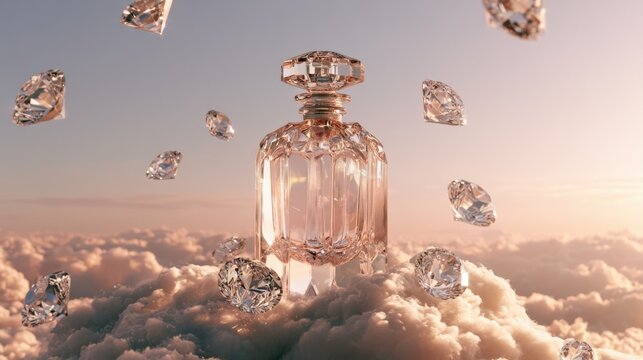 Elegant clear glass perfume bottle surrounded by floating crystal shapes above soft fluffy clouds with warm sunset sky in the background, luxury beauty concept