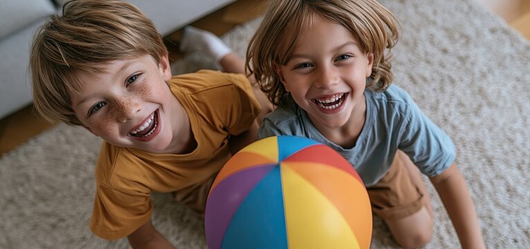 Aerial shot of playful siblings reaching for a vibrant balloon in a sunlit family living space.