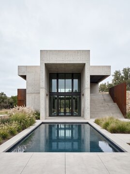 Modern luxury home with infinity pool and concrete architecture. Minimalist cultural center design featuring sleek outdoor living space.