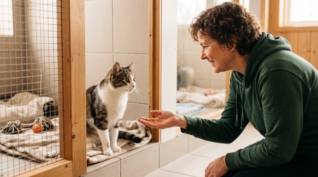 Man rescuing stray cat through glass door. Volunteer feeding hungry kitten indoors during adoption process.