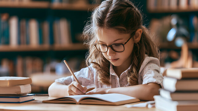 A young girl or student in the classroom at her desk shows enthusiasm, eager to learn. It's a primary school setting, preparing for an exam. This educational idea is common, especially at the start of