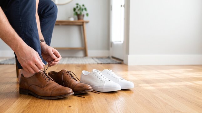Close up view of hands unlacing brown leather oxford dress shoe next to white canvas sneakers on polished floor illustrating relaxation concept layout for labor day holiday campaign weekend