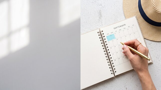 High angle view of hand writing with brass pen in paper planner with September calendar page highlighted blue marker stroke illustrating planning layout for labor day long holiday weekend