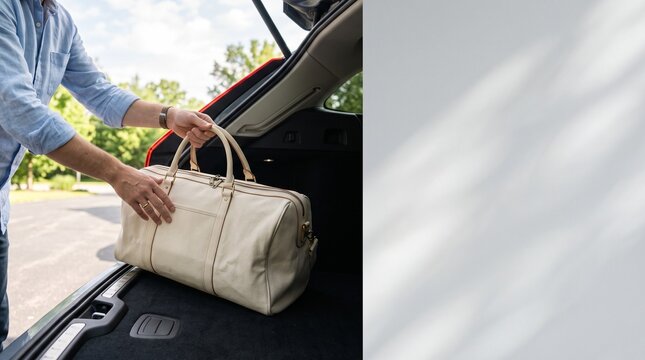 Close up view of hands placing minimalist beige canvas travel duffel bag inside clean modern car trunk illustrating departure concept layout for labor day long holiday weekend trip campaign