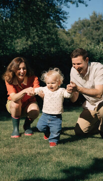 Parents teaching their toddler to walk in a sunny backyard, joyful candid expressions, photorealistic lifestyle photography
