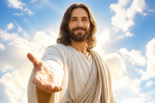 Bearded man reaching out hand in bright cloudy sky