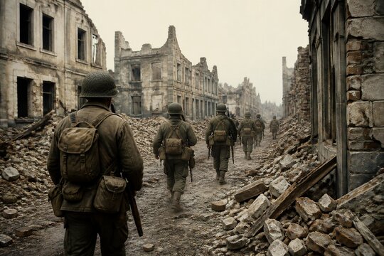 Soldiers marching through ruined city street battle damaged urban area