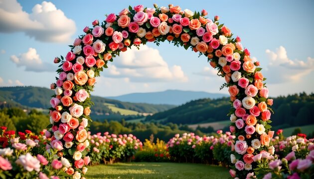 A large circular arch covered in an array of pink and peach roses stands prominently in a lush, green outdoor setting