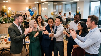Fototapeta premium Diverse group of colleagues celebrating a successful achievement with champagne and balloons in a modern office setting