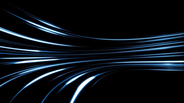Abstract glowing cyan Light and stripes moving fast over dark background.