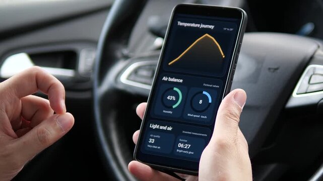 Driver checks a mobile weather dashboard with temperature, humidity, wind and air quality data, reflecting climate awareness, travel planning and real-time environmental monitoring.