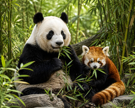 Adorable Giant Panda and Red Panda Resting Together in a Peaceful Bamboo Forest Ultra Realistic 16K