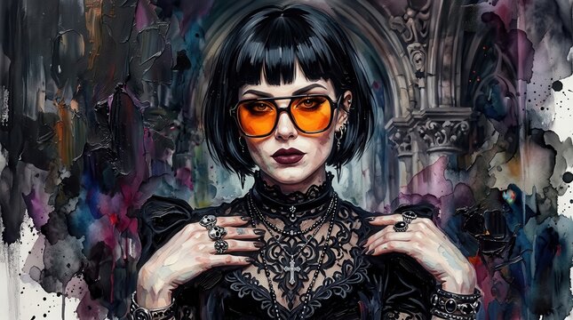 Gothic Style. Portrait of a mysterious woman in lace clothing and orange sunglasses, Halloween celebration, dark fantasy character aesthetic for creative projects.