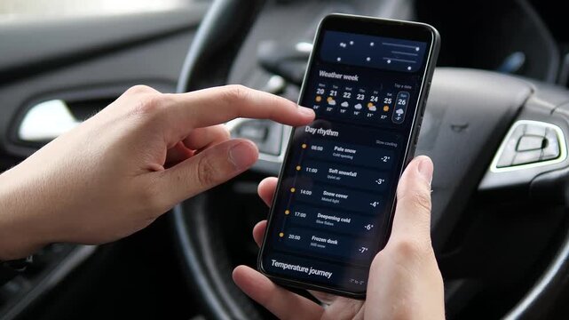 Driver explores a mobile winter forecast with snowfall, subzero temperatures and hourly trends, capturing climate volatility, road awareness and smarter travel decisions.