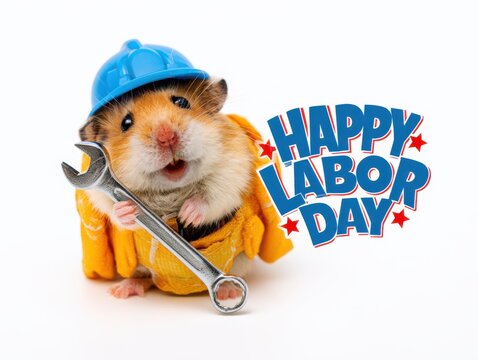 Cute cartoon chipmunk wearing a hard hat and holding a wrench for labor day