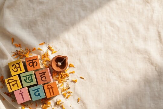 Hindi alphabet blocks with clay diya and marigold petals, Hindi Diwas celebration, cultural background for educational greeting cards