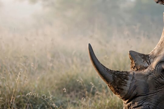 Close-up profile of a white rhinoceros horn in the African savanna, World Rhino Day, wildlife conservation and endangered species awareness