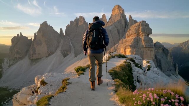 Solo Hiker Walking Along Seceda Ridgeline in the Dolomites
