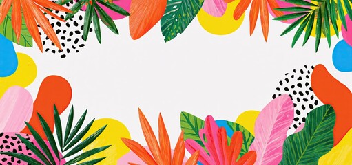 Obraz premium Spring 2027 greeting card with colorful tropical leaves and lively abstract designs for seasonal promotions.