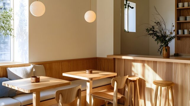 A cozy corner of a modern cafe featuring wooden tables  cushioned benches  and spherical pendant lights bathed in natural sunlight