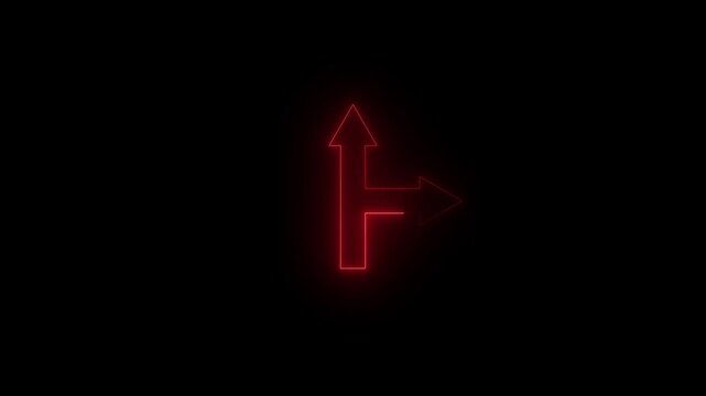 Glowing red neon line directional split arrow animation on dark background animation.. video..