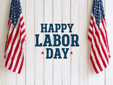 Happy labor day greeting with two american flags on wooden background