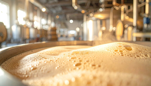 Brewery in Process: A close-up shot of frothy, golden liquid bubbling in a large industrial vat, hinting at the meticulous brewing process within a brewery setting.