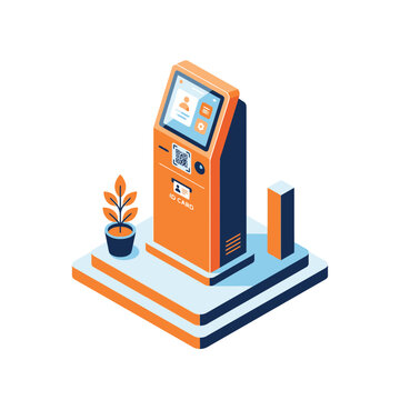 Modern Orange and Blue Automated Teller Machine with Digital Interface and Greenery.