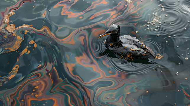 Environmental impact, Oil spill on ocean surface with seabirds highlighting marine pollution and environmental impact awareness