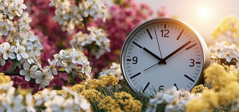 Modern clock surrounded by blooming spring flowers and sunlight symbolizing daylight saving time change.