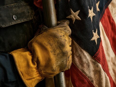 Military soldier saluting under american flag stars
