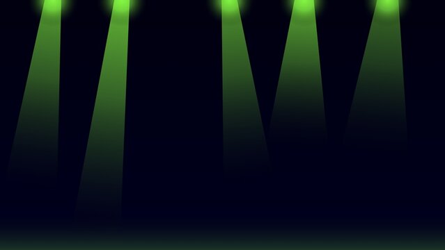 Green stage spotlights shining on dark background with glowing light beams for concert, show, or performance background
