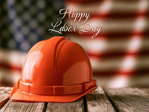 Red hard hat on wooden fence with happy labor day text overlay