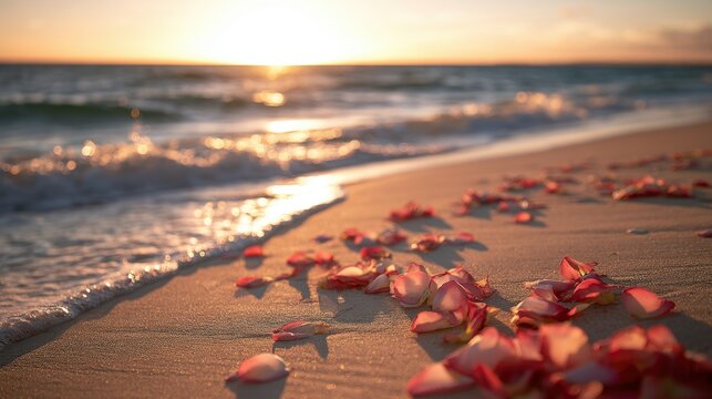 Romantic rose petals scattered on sandy beach with gentle ocean waves during golden sunset creating peaceful and warm atmosphere by calm water edge at shore