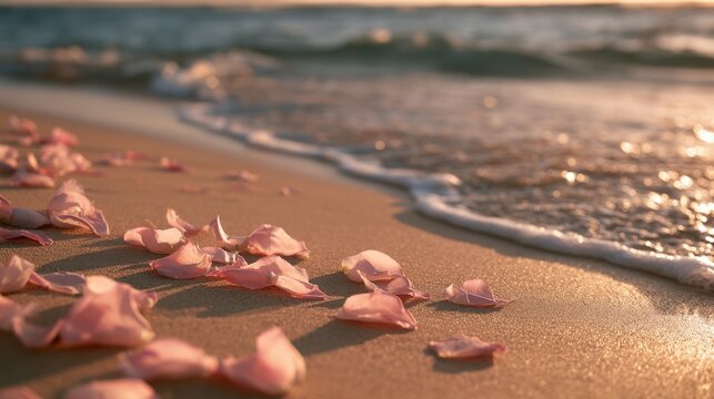 Soft pink flower petals scattered across golden sandy beach with gentle ocean waves and warm sunlight reflecting on water surface during sunset or sunrise